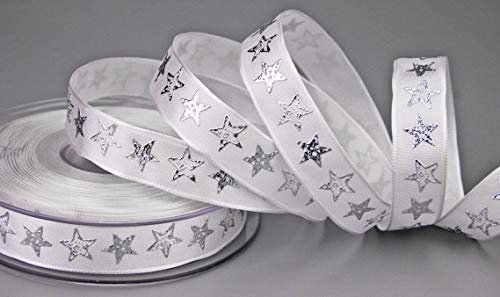 finemark Dekoband (1,08€/m) Bright Stars Weiss Silber 20 m x 16 mm (Rolle) Stoffband mit Drahtkanten Sterne Geschenkband Schleifenband Sternenband elegant Dekoration Weihnachten Advent Band