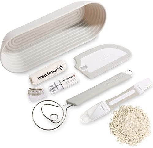 Breadsmart Kit para la elaboración de pan artesanal – Set de 5 Artículos para Repostería – Cuchilla para Greñar, Paleta, Batidora, Banetón & Forro de Algodón