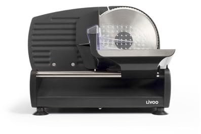 Livoo DOM396 Trancheuse électrique pour Jambon, Pain, Saucisson, Fromage, Lame Ø 19 cm en Acier Inoxydable, Coupe réglable de 0 à 15 mm, Puissance 150 W - Noir