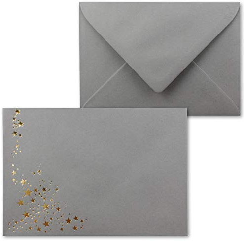 50x Weihnachts-Briefumschläge - DIN C6 - mit Gold-Metallic geprägtem Sternenregen -Farbe: Graphit (Grau) - Nassklebung, 120 g/m² - 114 x 162 mm - Marke: GUSTAV NEUSER