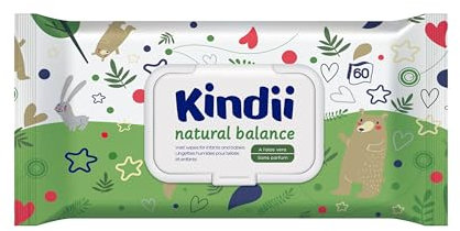 Kindii Natural Balance Salviettine Umidificate per Neonati e Bambini - Protettive, Idratanti, Rigeneranti - Allantoina, Emollienti, Aloe Vera - Ph Neutro - 60 Pz