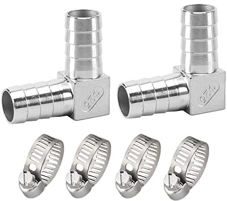Pysrych Stainless Steel Hose Barb Fitting 90 Degree Elbow 5/16 Barbed x 5/16 Barbed Right Angle L Shaped Connector with 4pcs Hose Clamps (Pack of 2)