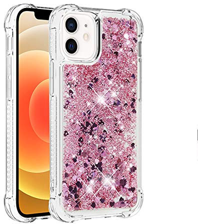 KBIKO-zxl Compatible with Glitter Liquid Case for iPhone 12, Sparkle Sequin Floating Quicksand Transparent TPU Shockproof Protective Cover for iPhone 12.Rose Gold YBL