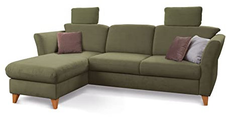CAVADORE Eckcouch Trend / Skandinavisches Ecksofa mit Federkern, Longchair und zwei Kopfstützen / 249 x 86 x 162 / Cord, Olive
