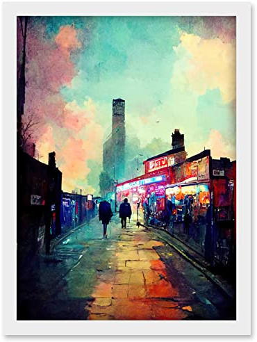 Doppelganger33 LTD Brick Lane London 1960's Night Street Scene Oil Painting Artwork Framed Wall Art Print A4