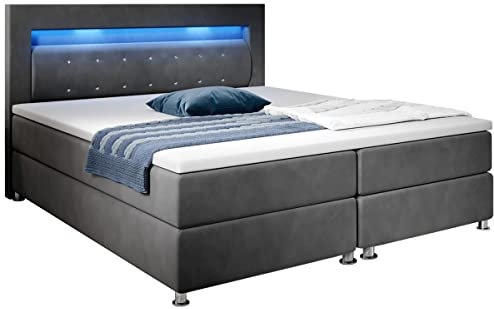 Supply24 since 2004 Designer Boxspring Bett Venedig mit Stoffbezug Strasssteine LED Beleuchtung Federkern Matratze inklusive Topper Luxus Polsterbett Stoffbett Boxspringbett (180 x 200 cm, Grau)