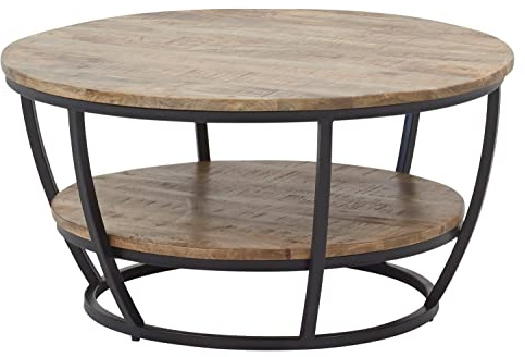 Home4You Couchtisch - Braun - Schwarz - Mangoholz massiv - Metallgestell - Ø 87 cm