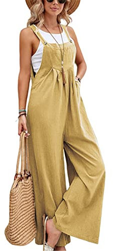 SotRong Dungarees for Women Uk Wide Leg Jumpsuit With Pocket Casual Sleeveless Strappy Culottes Bib Overall Loose Fit Baggy Fit Hippie Playsuits Summer Boho Romper Light Yellow XL