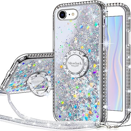 Silverback Glitter Sparkle Case With Bling Ring Protective Cover for iPhone SE 2022, SE 2020, 8, 7 - Clear Silver