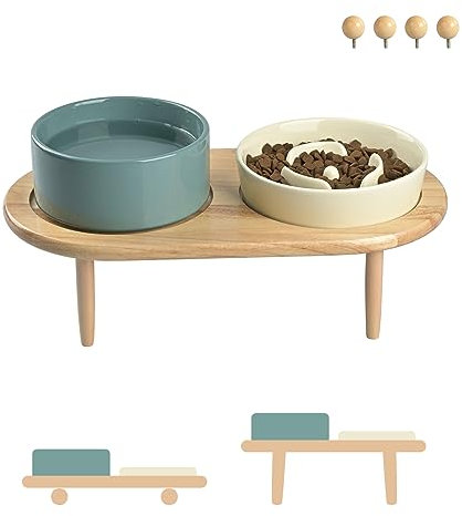 SPUNKYJUNKY Gamelle en Céramique pour Chien avec Support en Bambou pour Chats et Chiens (Beige + Vert Foncé)