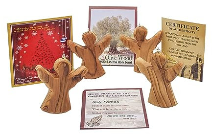Olivenholz Hängende Engel Ornament Set von 4 Stück, christliches Geschenk, Schutzengel Figuren für Haus & Auto Rückspiegel aus Bethlehem