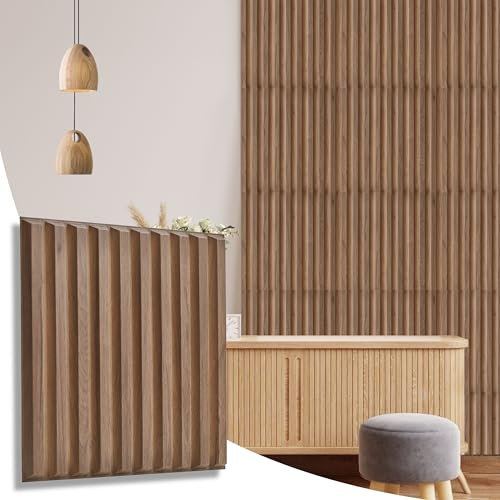 NOVECRAFTO Fluted Line Effect 3D Wall Panels - Pack of 20 Sheets 53.82 sq ft (5 sqm) - Decorative Cladding Panel Size 19.6x19.6 (50x50cm) - PVC Wall Panelling Fluted Line Design in Matte Wooden