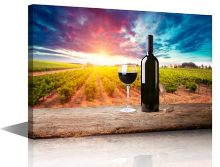 TISHIRON Wine Bottle and Glass Wall Art Vineyard at Sunset Pictures Print On Canvas Modern Artwork 1 Piece Rustic Wall Art for Living Room Office Posters and Prints Framed Ready to Hang, 24x16in
