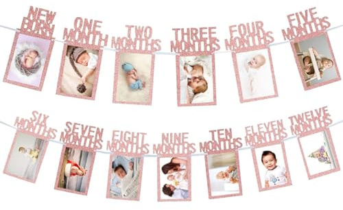 Baby Ersten Geburtstag Foto Banner Girlande, Kinder Monatlich Bild Prop Kraftpapier Rahmen, Hängende Wanddekoration(Roségold)