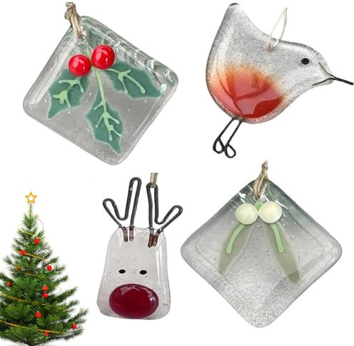 KULSUM Fused Glass Christmas Tree Decoration, Handmade Resin Christmas Tree Ornaments - Reflective Sun Catcher Hanging Ornament for Festive Decor, Resin Christmas Tree Decoration (4PCS)