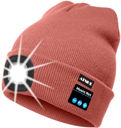 ATNKE LED beleuchtete Bluetooth Beanie Kappe, wiederaufladbare USB-Musikalische Laufmütze mit extrem hellem 4 LED Licht wasserdichte Lampe für das Skifahren/Bean Paste Powder