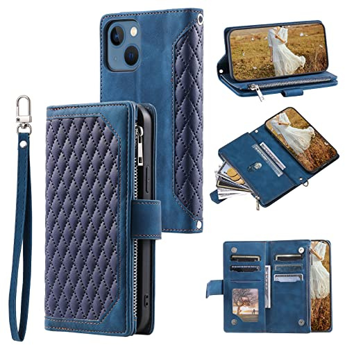 HOUSIM Phone Case for iPhone 13 Case Zip Wallet Purse with Card Holder Slot Folding Kickstand Shockproof Protective Folio Flip Book Case Cover Women - Blue