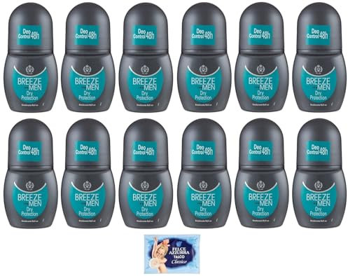 12x BREEZE MEN Dry Protection Deodorante Roll On 50ml + 1 Confezione di Talco Felce Azzurra in omaggio, Busta da 100g