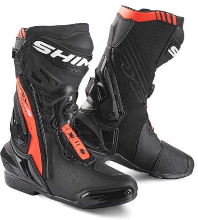 SHIMA VRX-3, Scarpe Moto Uomo - Rinforzate Stivali Moto Uomo in Pelle, Chiusura ATOP, Supporto alla Caviglia, Suola Antiscivolo, Impugnatura del Cambio (Rosso Fluo, 44)