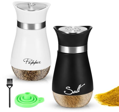 Kinberry Salt and Pepper Shaker, Stainless Steel Condiment Set with Glass Bottle Spice Dispenser, 2 Pack Salt and Pepper Pots for Kitchen BBQ Café Dining Table Bistro Use
