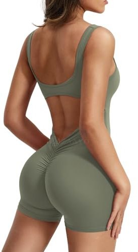 ZAAYO Damen Workout Jumpsuits Shorts Sexy Backless Gym Bodycon Scrunch Butt Yoga Bodycon One Piece Full Body Suit Stretch Elegant Jumpsuits Green Small