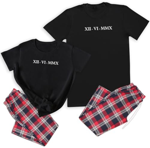 The Gift Project PERSONALISED Roman Numerals Date - Couples Matching Pyjamas - Top & Tartan PJ Bottoms - (Sold Separately) Black
