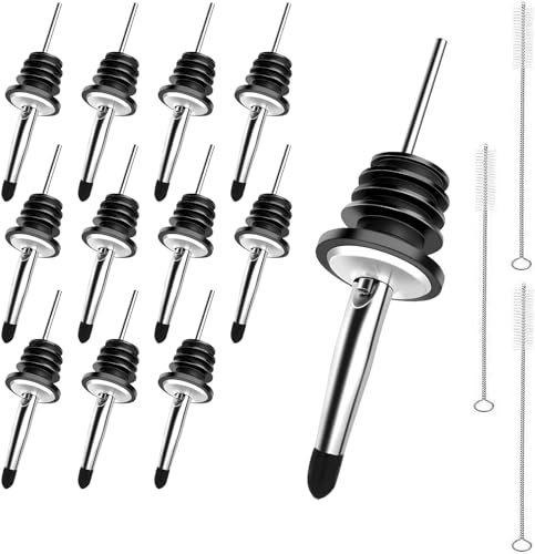 Txeouse Metal Pour 12 Pezzi Versatori Cocktail Dosatori per Cocktail Versatori in Acciaio Inox Versatore Tappo Salvagoccia Conico Liquore Beccuccio Bottiglia per Vino Olio Succo (con 3 Spazzole)
