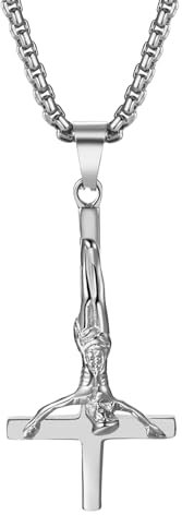 JewelryWe Kreuz Jesus Halskette Herren: Silber Edelstahl Satanische Umgekehrt Upside Down Kreuz Petruskreuz Anhänger Kette Satan Kirche Wicca Talisman Amulett Religiöser Schmuck für Männer Frauen
