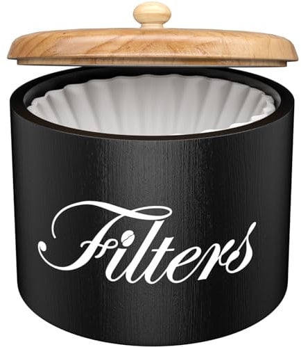 Wooden Coffee Filter Holder with Lid - Round Storage Container for Counter - Rustic Farmhouse Coffee Bar Accessories (Black)