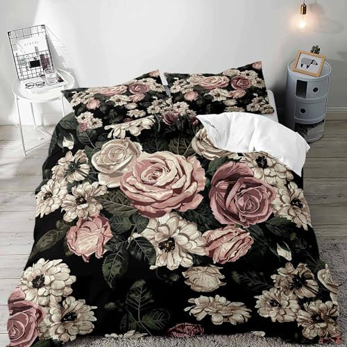 LUVIVIHOME 3PCS Vintage Floral Duvet Cover Full Bedding Set, Boho Rustic Retro Moody Gothic Watercolor Botanical Leaves Blossom Black White Pink Peony Rose Flower Comforter Quilt Cover, 2 Pillow Cases