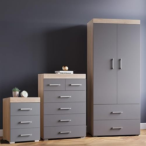 DRP Trading Grey & Sonoma Oak 3 Piece Bedroom Furniture Set, 3 Drawer Chest, 4+2 Drawer Chest, 2 Door Wardrobe, Complete Bedroom Ensemble, Ideal for Bedroom Organisation, Room Storage, Elegant Decor…