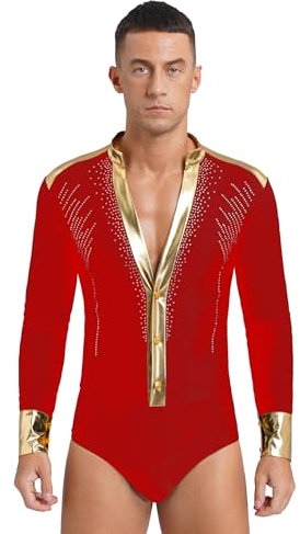 Runhomal Herren Glitzer Tanz-Body Bodysuit V-Ausschnitt Gymnastikbody Ballsaal Samba Latein Body mit Mesh Langarm Performance Tanzkostüm Rot XXL