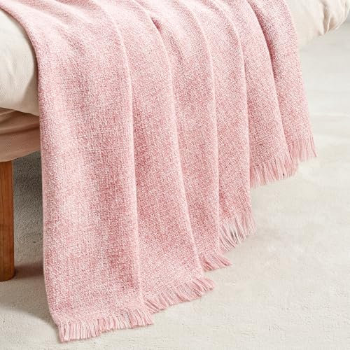 BOURINA Faux Cashmere Fringe Throw Blanket Decorative Lightweight Throw Soft Cozy for Bed or Sofa Outdoor Blanket, 127x178cm Pink