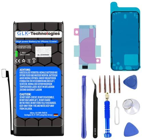High Power Ersatzakku kompatibel mit Apple iPhone 13 Mini A2176, A2398, A2400, A2399 GLK-Technologies Battery accu 2650 mAh Akku inkl. Profi Werkzeug Set Kit NUE