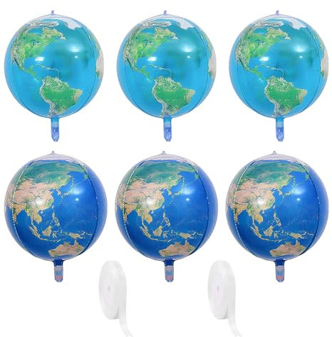 6 Stück Erdballons, 2 Rollen Band, Runde Folienballons, 4D-Erdballons, Partydekorationsballons