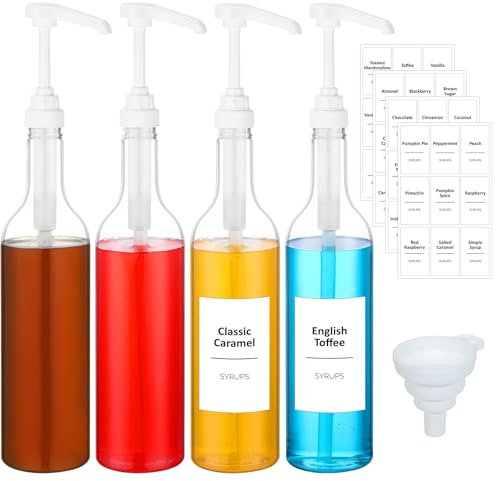 Bokon 4 Pcs Coffee Syrup Dispenser 25.4 oz 750 ml Coffee Syrup Pump Bottles with Comprehensive Label Set and Funnel for Coffee Bar Accessories Essentials (White)