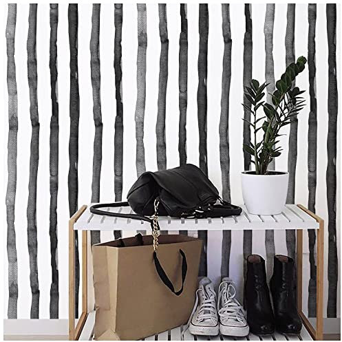 FENTIS Schwarz Breite Streifen Effekt Selbstklebende Tapete Weiß Abziehen und Aufkleben Kontaktpapier Klebrige Rückseite Plastik Vinylfolie Rollen für Küche Theke Wasserdicht 44.5x500cm