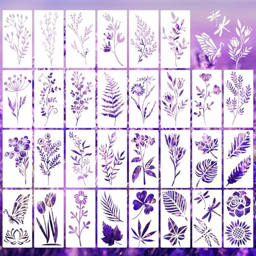 Lot de 30 Pochoirs Réutilisables pour Peinture, Motifs Fleur de Cerisier et Vigne, Idéal pour Décoration sur Bois, Meubles et Intérieur, Pochoirs Artistiques pour Projets DIY et Artisanat(15 * 7.5cm)