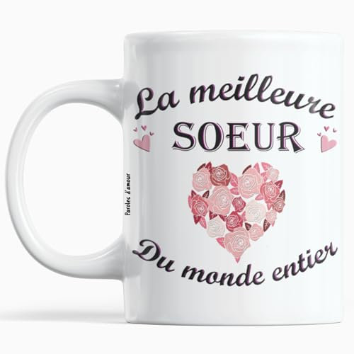 Cadeau Soeur Anniversaire Noel Mug La meilleure Soeur du monde entier Idee cadeau pour Sœurs Message unique pour Noel fêtes de fin d'année avec un coeur Tasse originale Grande Petit Soeur