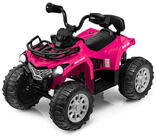COSTWAY 12V Electric Kids Quad Bike, Battery Powered Ride on Car ATV with Headlights, Music, MP3, Storage Basket, Backward Function, for Boys and Girls Aged 3-8 Years (Pink)