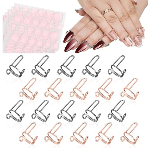 EBANKU 20PCS Wudu Nagel Ring für Acrylnägel, Verstellbare Fingernagel Ringe mit 96PCS Nagelkleber, Wiederverwendbar Nagelring Set für künstliche Nägel, Nagelkunst Dekoration (Roségold & Schwarz)
