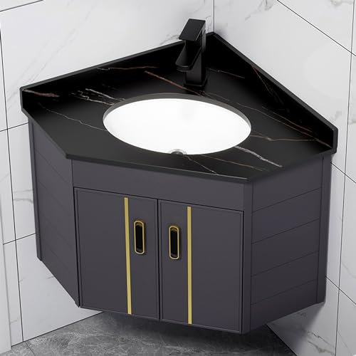 Moderno mueble de baño de esquina pequeño con fregadero, diseño flotante que ahorra espacio, grifo de frío y caliente incluido disponible en negro/blanco/gris, ideal para espacios pequeños y
