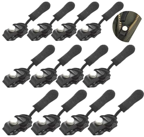 WUSJCOF Kit di riparazione per cerniere, 12 pezzi, fissatore istantaneo, cerniera scorrevole, ricambio per bagagli, zaini, giacche, cerniere lampo, cursore cerniera, tira zip (3 misure) (nero)