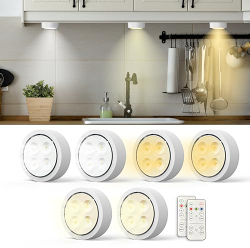 Moman Schrankbeleuchtung 6 Stück, 3 Farbtemperaturen LED Unterbauleuchtenl mit Fernbedienung, Dimmbar Batteriebetrieben Timing-Funktion Vitrinenbeleuchtung Nachtlicht für Küche, Schlafzimmer (T048)
