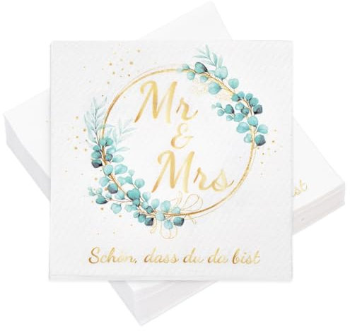 100 Servietten Hochzeit Tischdeko Mr & Mrs Eucalyptus - Schön, dass du da bist Servietten, 3-lagig 33 x 33 cm Servietten für Hochzeiten, Jubiläen, Tischdeko