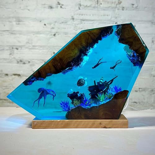 Drawelry 3D Epoxidharz Ozeanfigur Ornamente mit Holzsockel, LED Buntes Nachtlicht, Harz Ozean Tier Statue Hai Wale Pinguin Oktopus Figuren Skulptur Kunsthandwerk Mini Meere Aquarium Dekoration (B6, S)