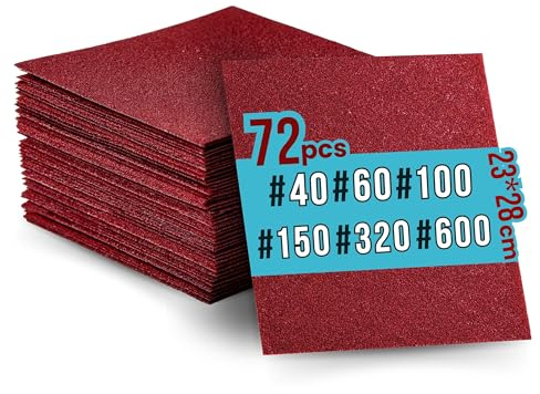 72 Feuilles Abrasives Papier de Verre 230X280 mm (40, 60, 100, 150, 320 et 600 Grit) - 12 Feuilles de Chaque - Papier à Poncer, Papier Abrasif à l'Oxyde d'Aluminium - Bois et Métal - Pour le Ponçage