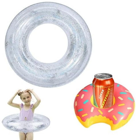 Schwimmring Glitzer,Schwimmreifen Erwachsene,Wird mit 1 Aufblasbaren Pool-Untersetzer Geliefert,Stilvoll und Schön,Geeignet für Poolpartys,Geeignet für Gewicht 95–150 Catties (Silber)