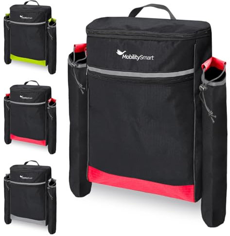 Mobility Smart Mobility Crutch Bag – Waterproof Wheelchair & Mobility Scooter Backpack with Walking Stick Holders – Universal Fit with Reflective Strip – Durable Storage for Crutches (Red)