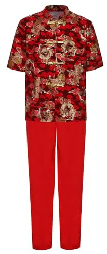 Runhomal Kids Boys Chinese Kung Fu Uniform Dragon Print Tops with Pants Tang Traditional Tai Chi Outfits